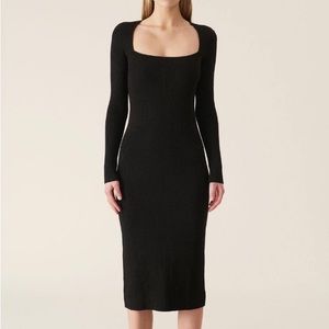 GANNI Melange Knit Square Neck Ribbed Midi Dress Black